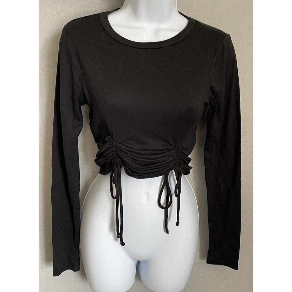 Mm Mm Mm Cropped Ruched Top Womens XS Black Stretch Long Sleeve